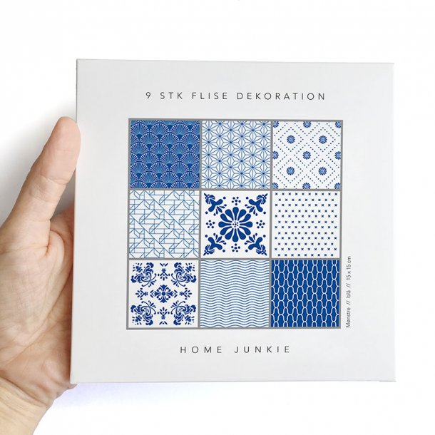 Blå mønstre - Sæt af 9 flisestickers 15x15 cm - Gennemsigtig folie