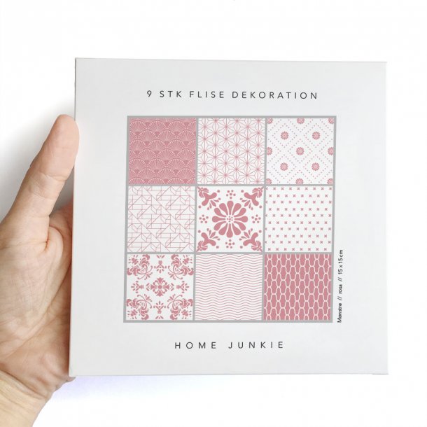 Rosa mønstre - Sæt af 9 flisestickers 15x15 cm - Gennemsigtig folie